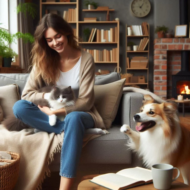 een vrouw in de zetel leest een boek met de poes op de schoot
