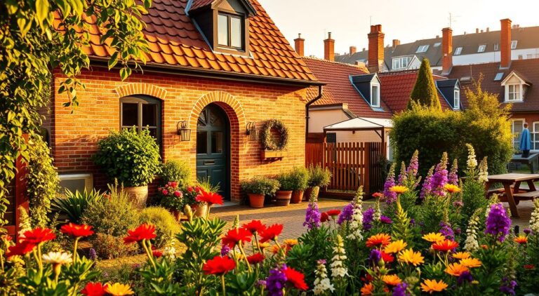 Bakstenen huis met kleurrijke tuin bij zonsondergang.