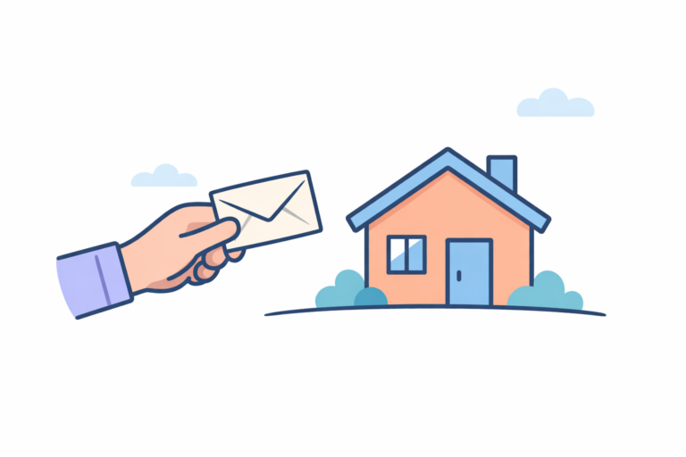 Minimalistische flat‑design illustratie van een hand die een envelop naar een klein huisje houdt, symbool voor een bod op een woning.