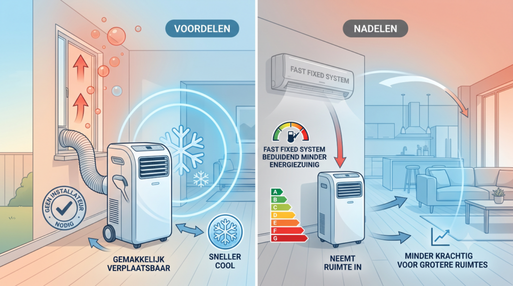 Visuele vergelijking van een mobiele airconditioning. Links staan de voordelen: 'geen installateur nodig', 'gemakkelijk verplaatsbaar' en 'sneller cool'. Rechts staan de nadelen in vergelijking met een vast systeem: 'minder energiezuinig', 'neemt ruimte in' en 'minder krachtig voor grotere ruimtes'